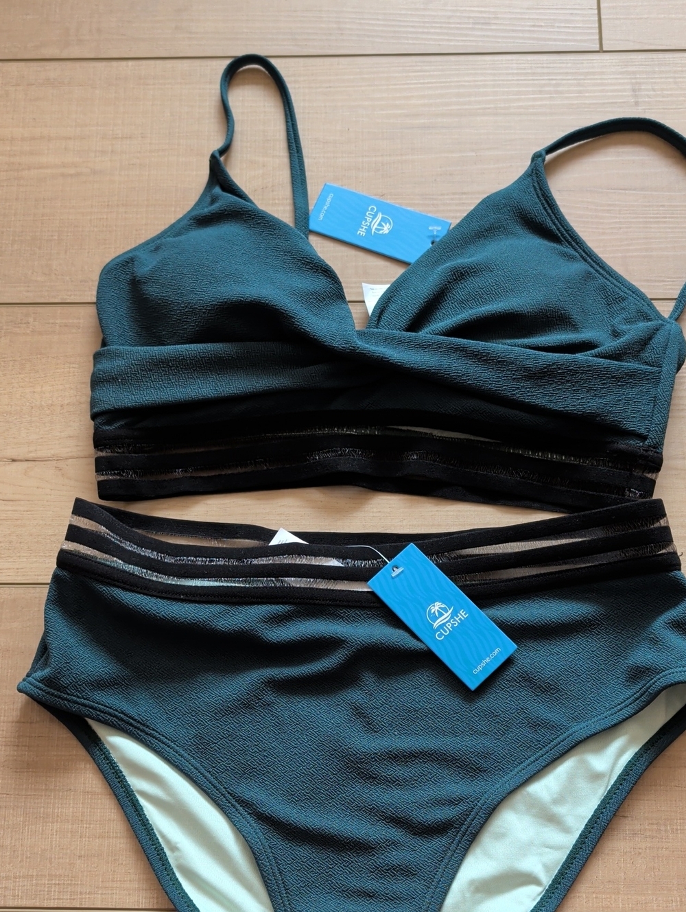 Cupshe Teal Textured Bikini Set with Black Mesh Trim